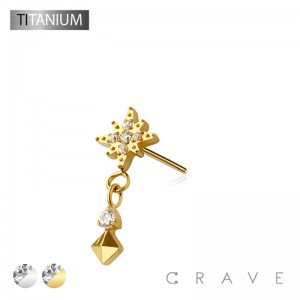 IMPLANT GRADE TITANIUM THREADLESS PUSH IN STARBURST PYRAMID DANGLE CZ TOP PART ONLY